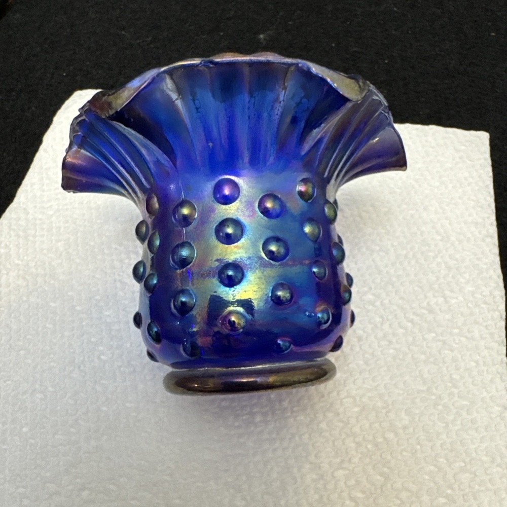Fenton Blue Carnival Glass Mini Spittoon Hobnail Ruffled Vase 2010-2011 Mark 1